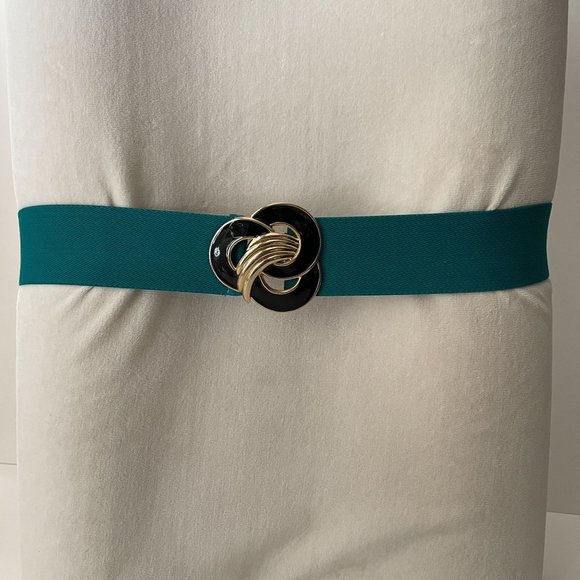 Vintage Day Lor Belt Green Elastic Stretch Gold Black Buckle Adjustable 1980s - Picture 2 of 15